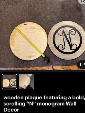 Round Wooden Plaque with Bold Scrolling “N” Monogram - Natural Wood